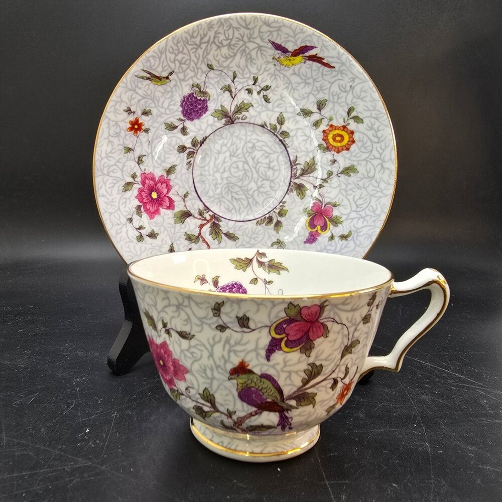 Staffordshire Bird of Paradise Teacup and Saucer Vintage Bone China VL4035
